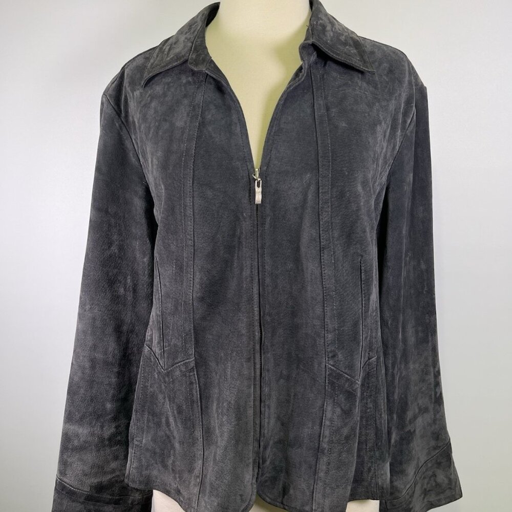 Y2K Live A Little Suede Leather Jacket XL Dark Gray Zip Front Boho Western Moto - Picture 5 of 10